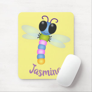 Cute blue and pink dragonfly cartoon illustration mouse mat