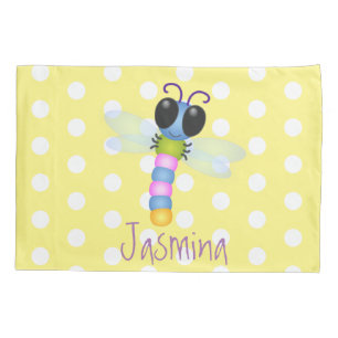 Cute blue and pink dragonfly cartoon illustration pillowcase