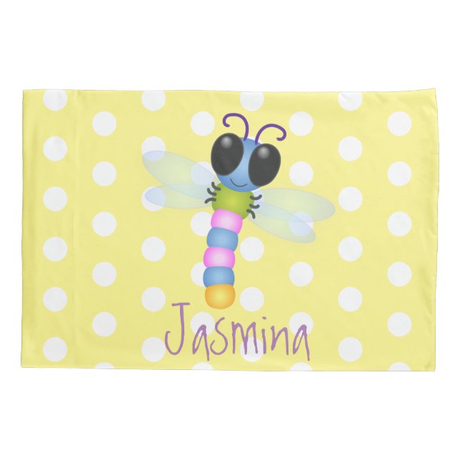Cute blue and pink dragonfly cartoon illustration pillowcase (Back)