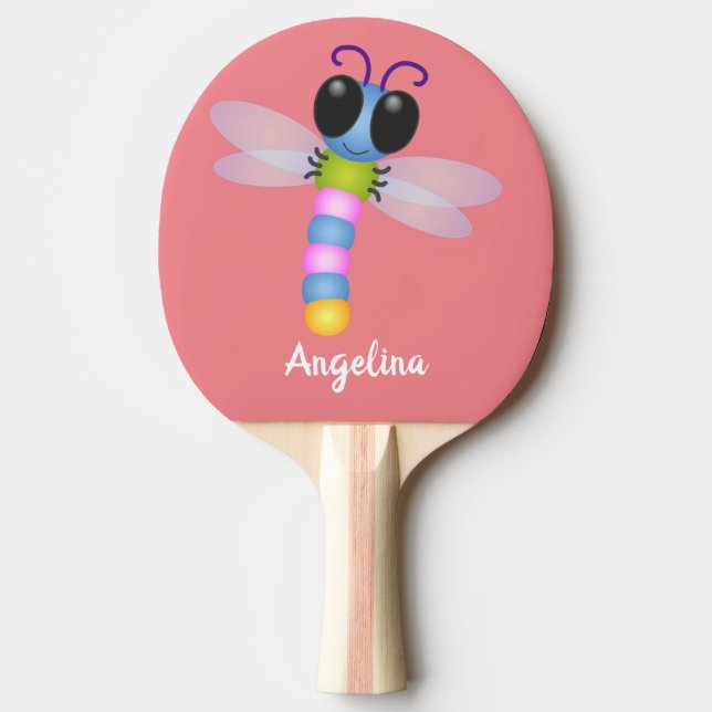 Cute blue and pink dragonfly cartoon illustration ping pong paddle (Front)