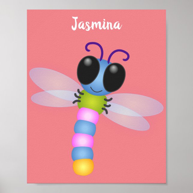 Cute blue and pink dragonfly cartoon illustration poster (Front)