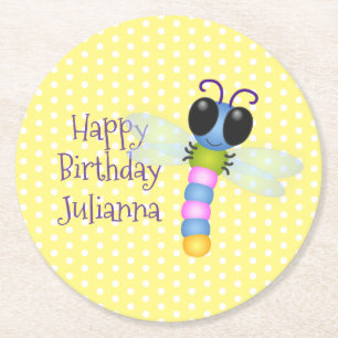 Cute blue and pink dragonfly cartoon illustration round paper coaster