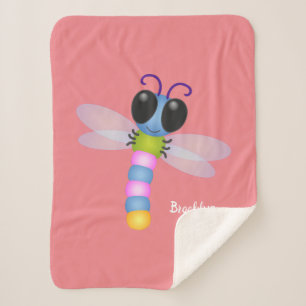 Cute blue and pink dragonfly cartoon illustration sherpa blanket
