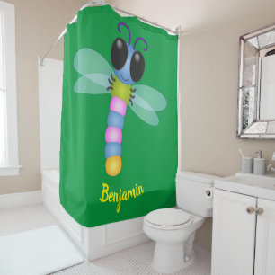 Cute blue and pink dragonfly cartoon illustration shower curtain