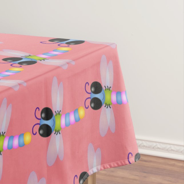 Cute blue and pink dragonfly cartoon illustration tablecloth (In Situ)