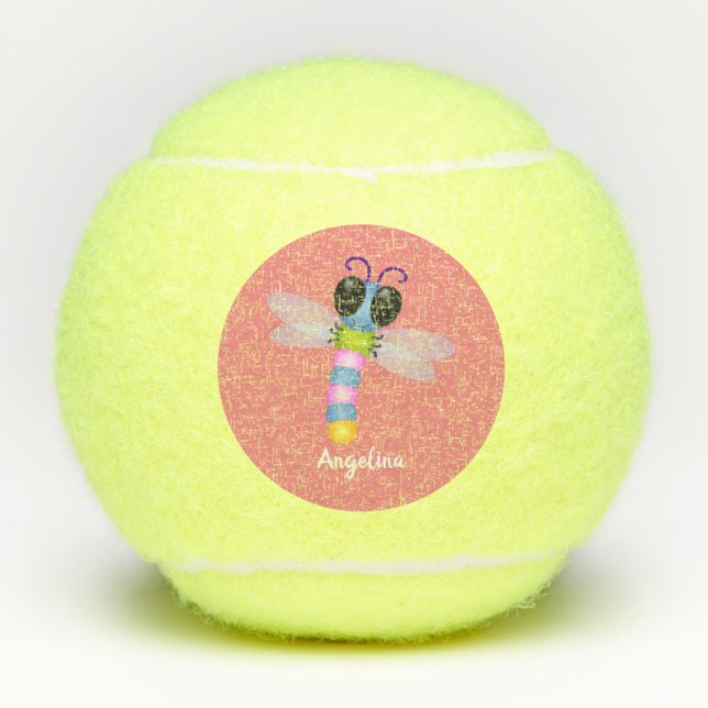 Cute blue and pink dragonfly cartoon illustration tennis balls (Front)