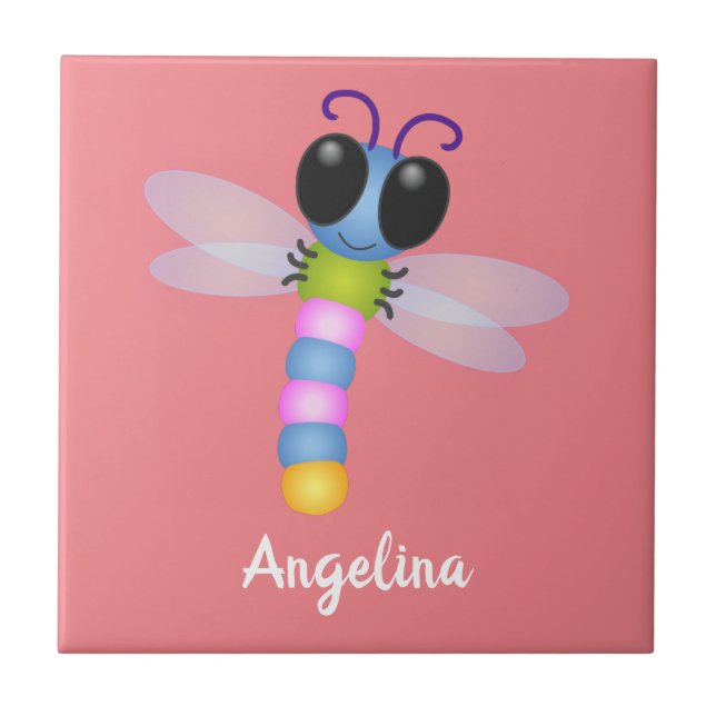 Cute blue and pink dragonfly cartoon illustration tile (Front)