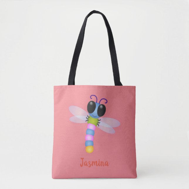 Cute blue and pink dragonfly cartoon illustration tote bag (Front)