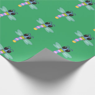 Cute blue and pink dragonfly cartoon illustration wrapping paper