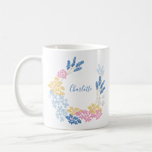 Cute Blue and Pink Flower Wreath Personalised Coffee Mug