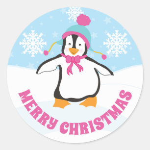 Cute Blue and Pink Hat Christmas Penguin Classic Round Sticker