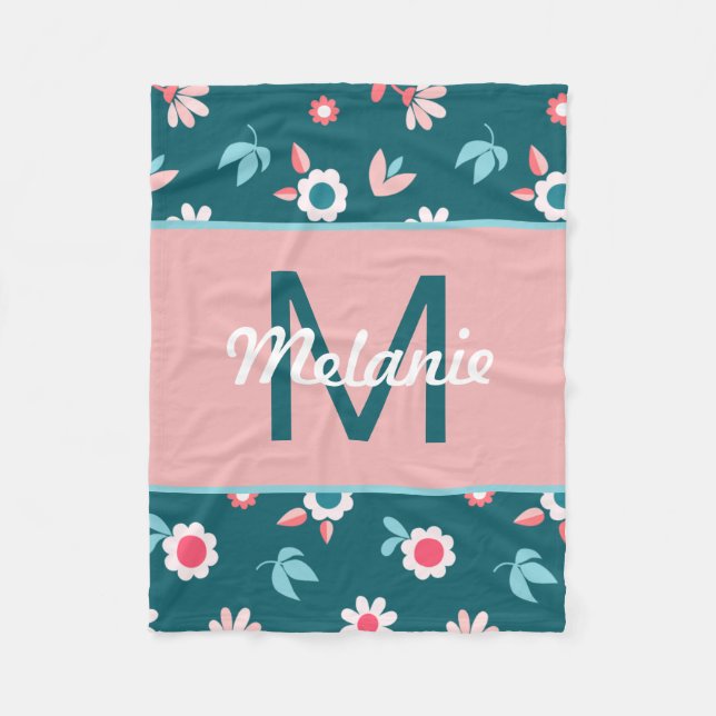 Cute Blue and Pink Personalised Floral Girl's Fleece Blanket (Front)
