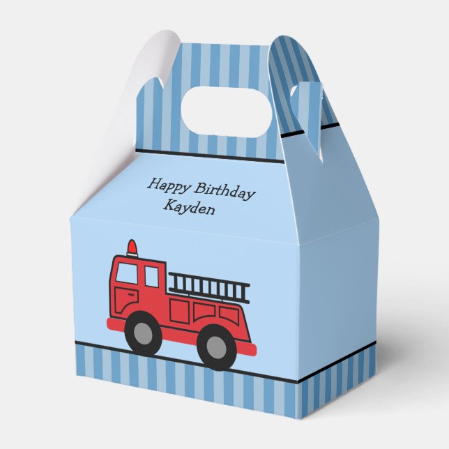 Cute Blue and Red Fire Truck Personalised Birthday Favour Box (Front Side)