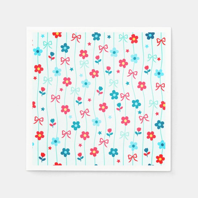 Cute Blue and Red Floral Bow Pattern Patriotic  Napkin (Front)
