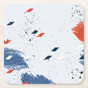 Cute Blue and Red Paint Splash and Brush Strokes Square Paper Coaster