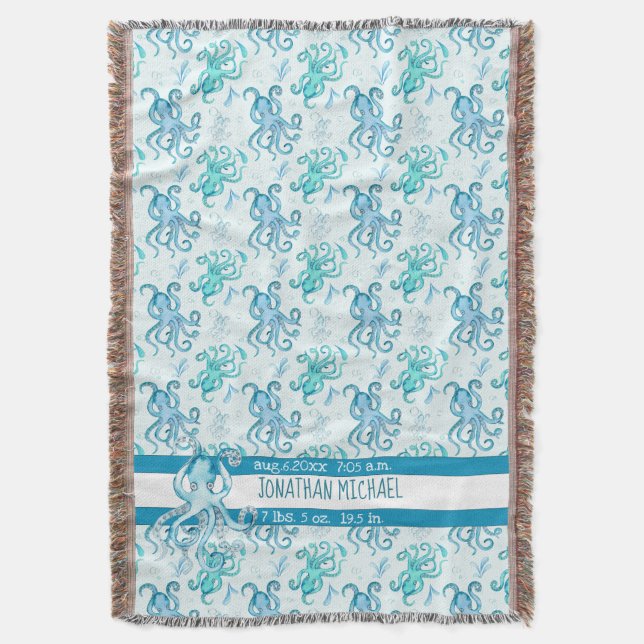 Cute Blue and Teal Octopus Baby's Name Sea Life Throw Blanket (Front Vertical)