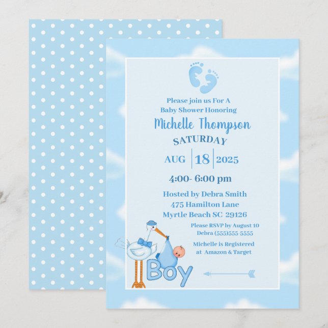 Cute Blue and White Baby Boy Stork Shower   Invitation (Front/Back)
