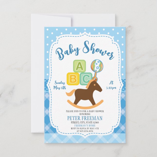 Cute Blue and White Boy Toys Baby Shower Invitation (Front)