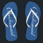 Cute blue and white bridesmaid wedding flip flops<br><div class="desc">Cute navy blue and white wedding flip flops for bridesmaids. Custom background and strap colour personalizable with name or monogram initials optional. Modern his and hers wedge sandals with stylish script calligraphy typography. Elegant party favour for nautical and beach themed wedding, marriage, bridal shower, engagement, anniversary, bbq, bachelorette, bachelor, girls...</div>