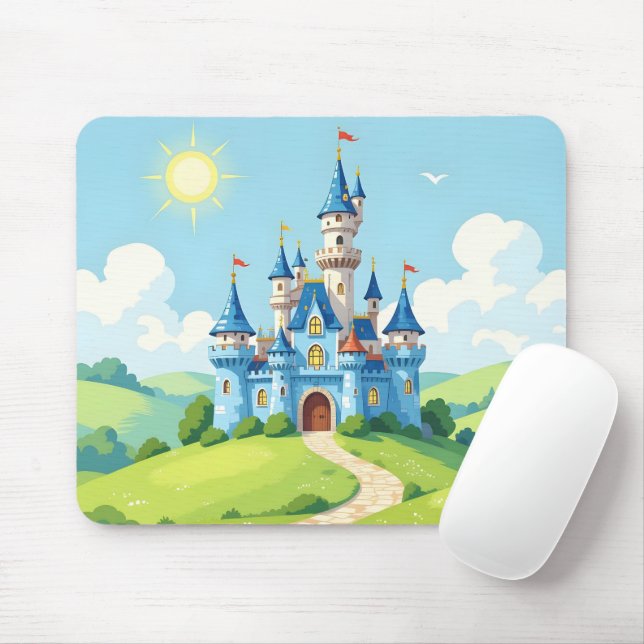 Cute blue and white castle mouse mat (With Mouse)