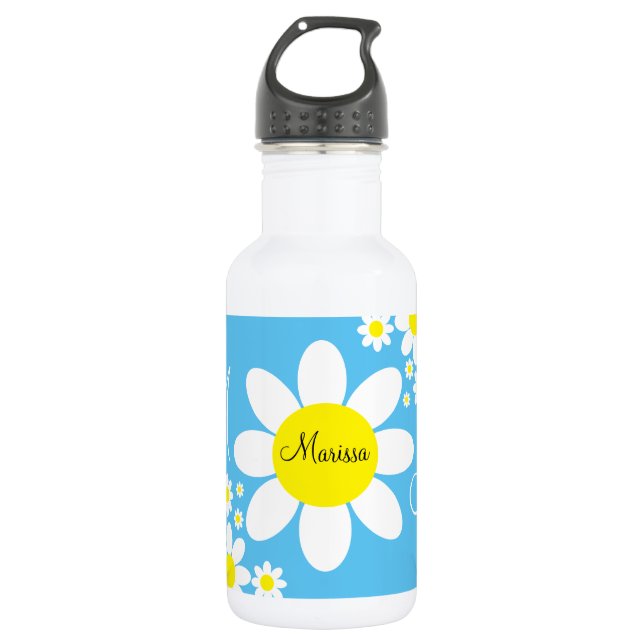 Cute Blue and White Daisies Floral Custom Name 532 Ml Water Bottle (Front)