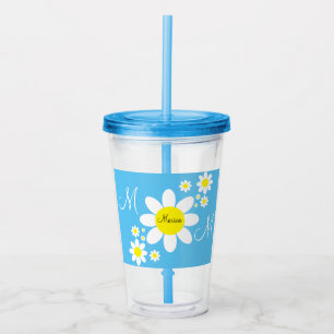 Cute Blue and White Daisies Floral Custom Name Acrylic Tumbler