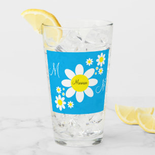 Cute Blue and White Daisies Floral Custom Name Glass