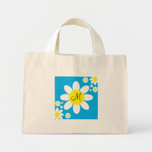 Cute Blue and White Daisies  Floral Single Initial Mini Tote Bag