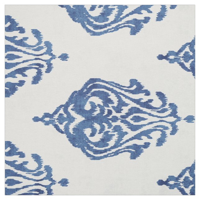 Cute blue and white damask ikat tribal patterns fabric (Swatch)