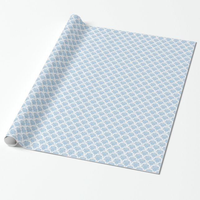 Cute Blue and White Damask Pattern Wrapping Paper (Unrolled)