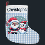 Cute Blue And White Gingham Santa And Snowman  Large Christmas Stocking<br><div class="desc">Cute classic blue and white gingham Christmas stocking. In a white band at the top of the stocking is a template in black text on the front to add a name and a template on the back to add your Christmas message. On the front is a cute whimsical Christmas illustration...</div>