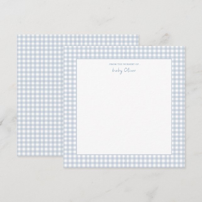 Cute Blue and white gingham Square Baby Boy Thank You Card (Front/Back)