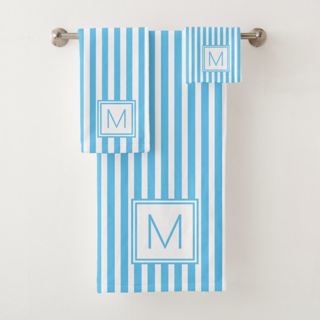 Cute Blue and White Stripe Monogram Bath Towel Set (Insitu)