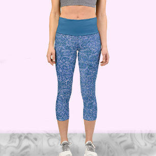 Cute blue and white trendy yoga workout  capri leggings