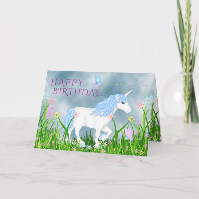 Cute Blue and White Unicorn with Flowers Birthday Card (Front)