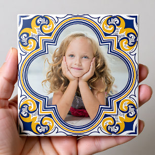Cute blue and yellow Azulejos, custom photo Tile