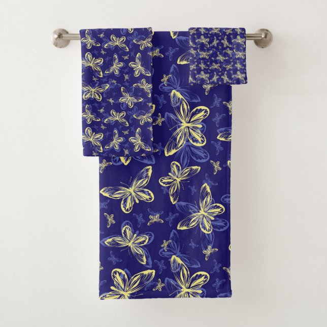 Cute Blue and Yellow Butterfly Illustrated Pattern Bath Towel Set (Insitu)