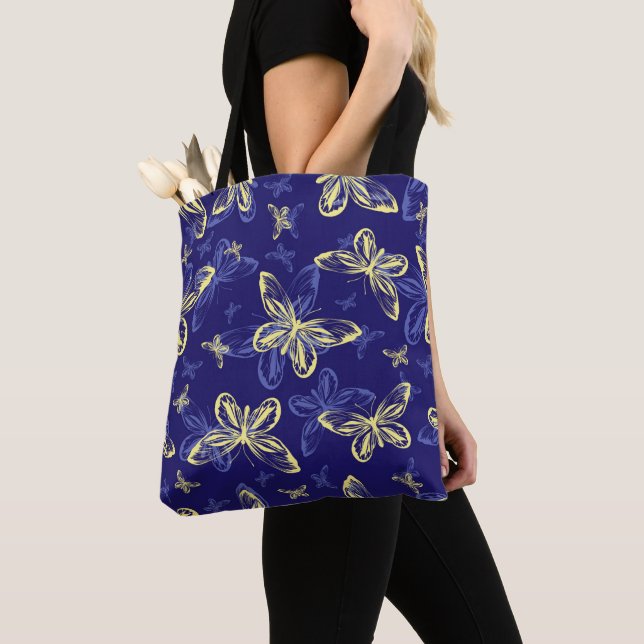 Cute Blue and Yellow Butterfly Illustrated Pattern Tote Bag (Close Up)