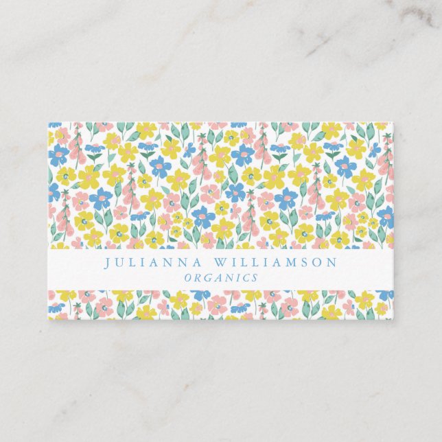Cute Blue and Yellow Ditsy Floral Modern Business Card (Front)