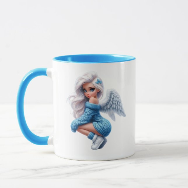 Cute Blue Angel Girl Custom Two-Tone Mug (Left)