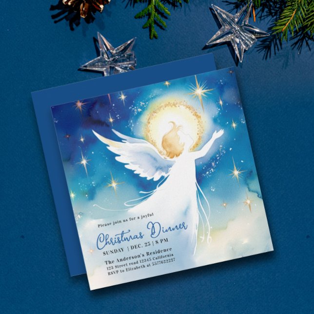 Cute Blue Angel Religious Holy Night Watercolor Invitation (Creator Uploaded)
