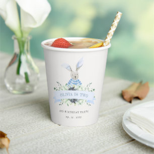 Cute Blue Aqua Bunny Foliage Any Age Birthday Paper Cups