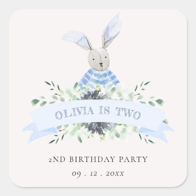 Cute Blue Aqua Bunny Foliage Any Age Birthday Square Sticker (Front)