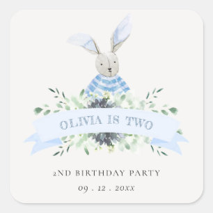 Cute Blue Aqua Bunny Foliage Any Age Birthday Square Sticker