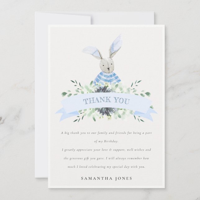 Cute Blue Aqua Bunny Foliage Any Age Birthday Thank You Card (Front)
