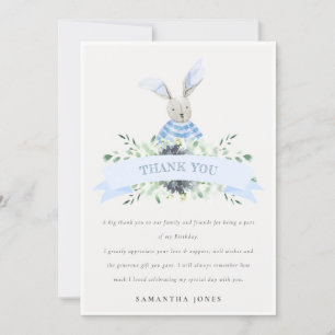 Cute Blue Aqua Bunny Foliage Any Age Birthday Thank You Card
