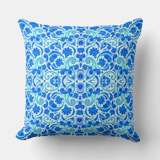 Cute blue aqua paisley patterns cushion (Front)