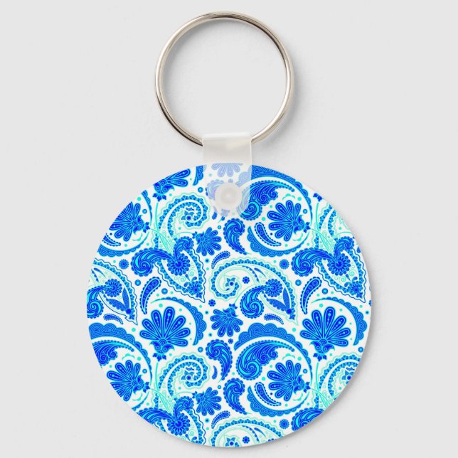 Cute blue aqua paisley patterns key ring (Front)