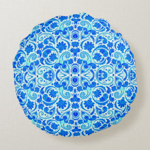 Cute blue aqua paisley patterns round cushion