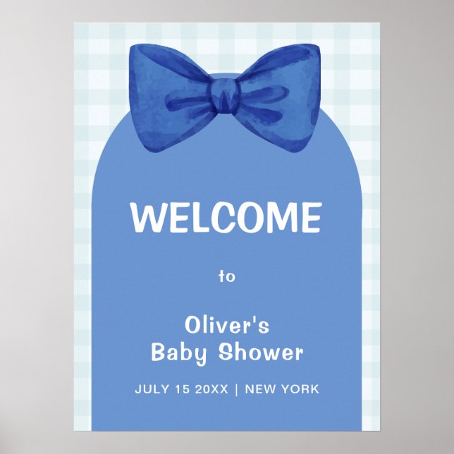 Cute Blue Arch Gingham Bow Baby Shower Welcome Poster (Front)